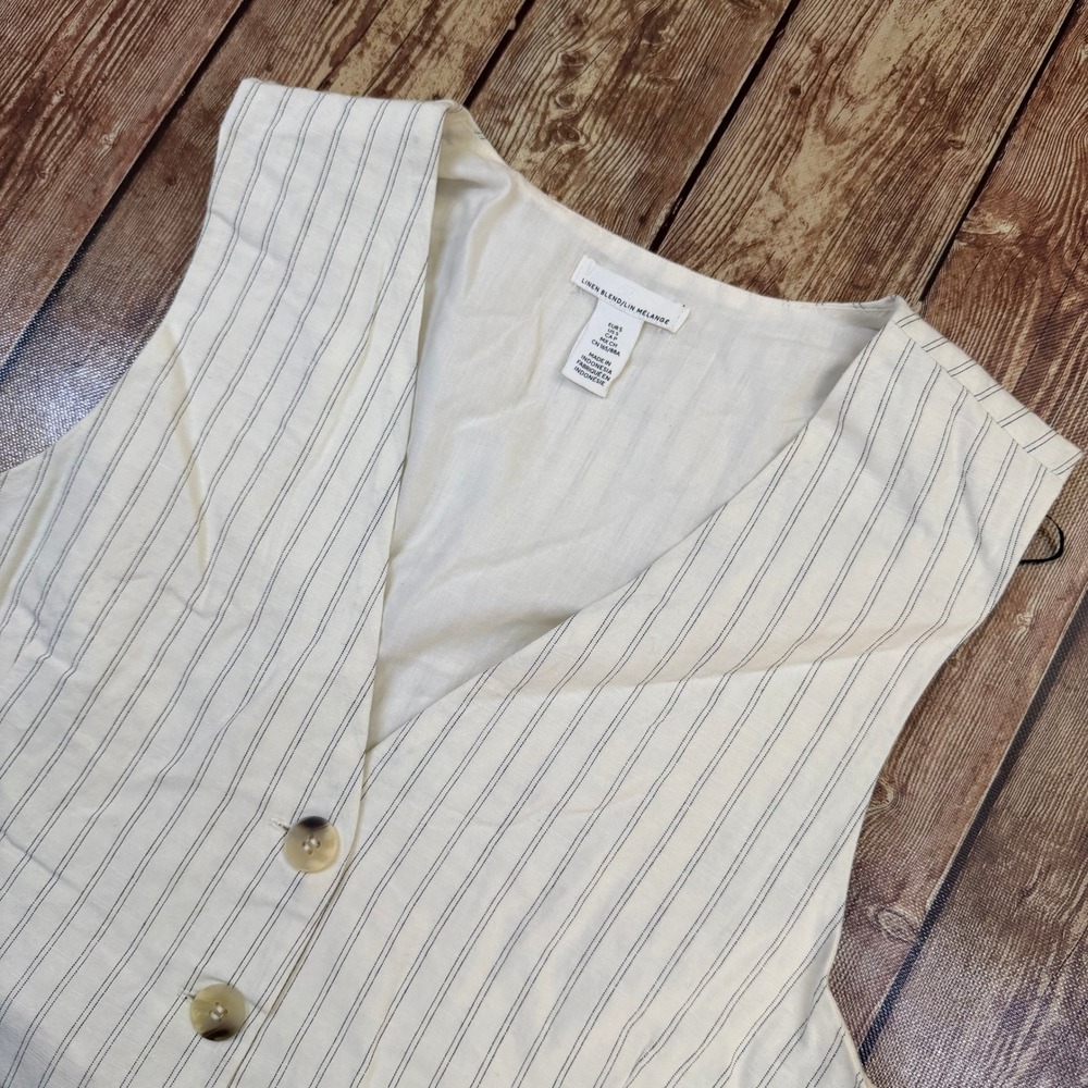 H&M Linen Blend Melange Vest Womens Small Cream Pinstripe Button Waistcoat